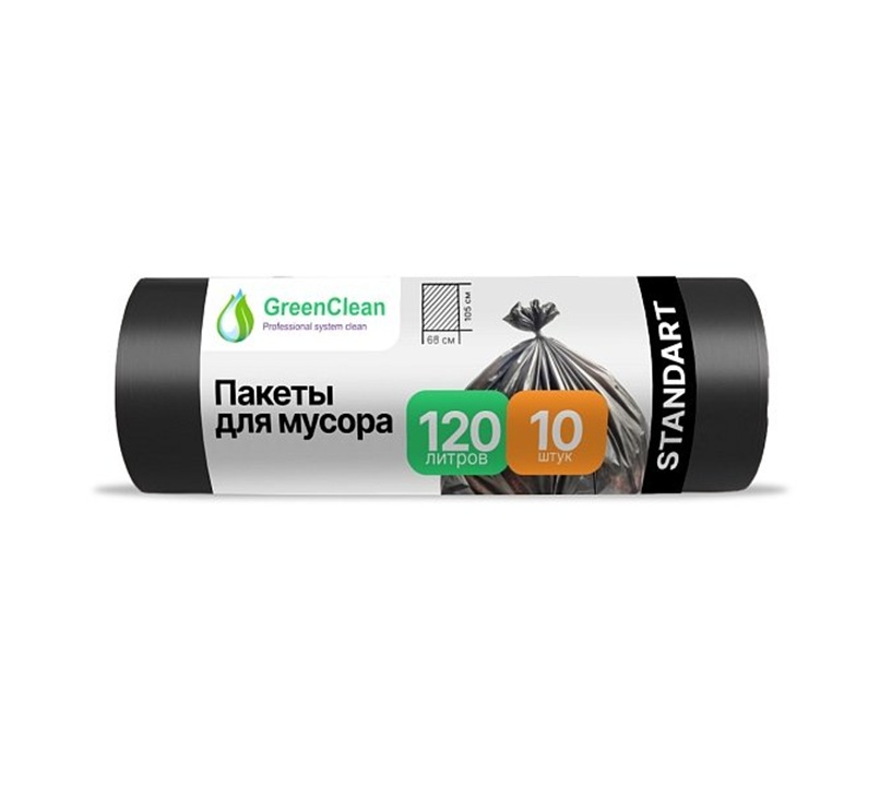 Мешки ПСД GreenClean"STANDART" 120 литров,10 штук, 20 мкм, размер 68*105 см, черные, 1201022 